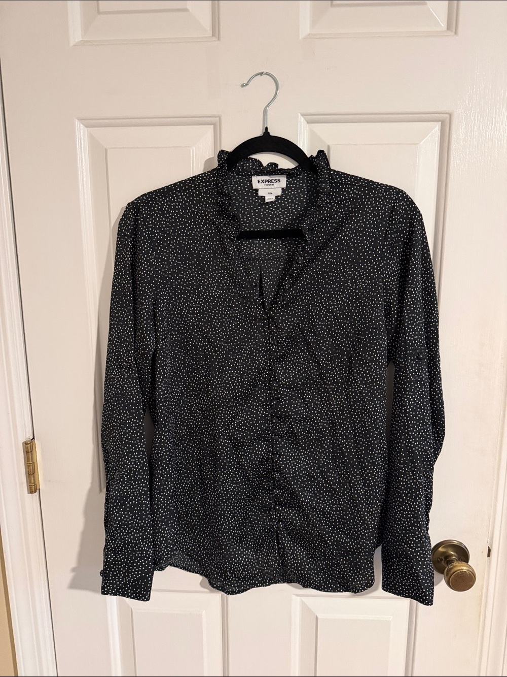 Express Black Polka Dot Ruffle-Neck Blouse - Picture 1 of 9